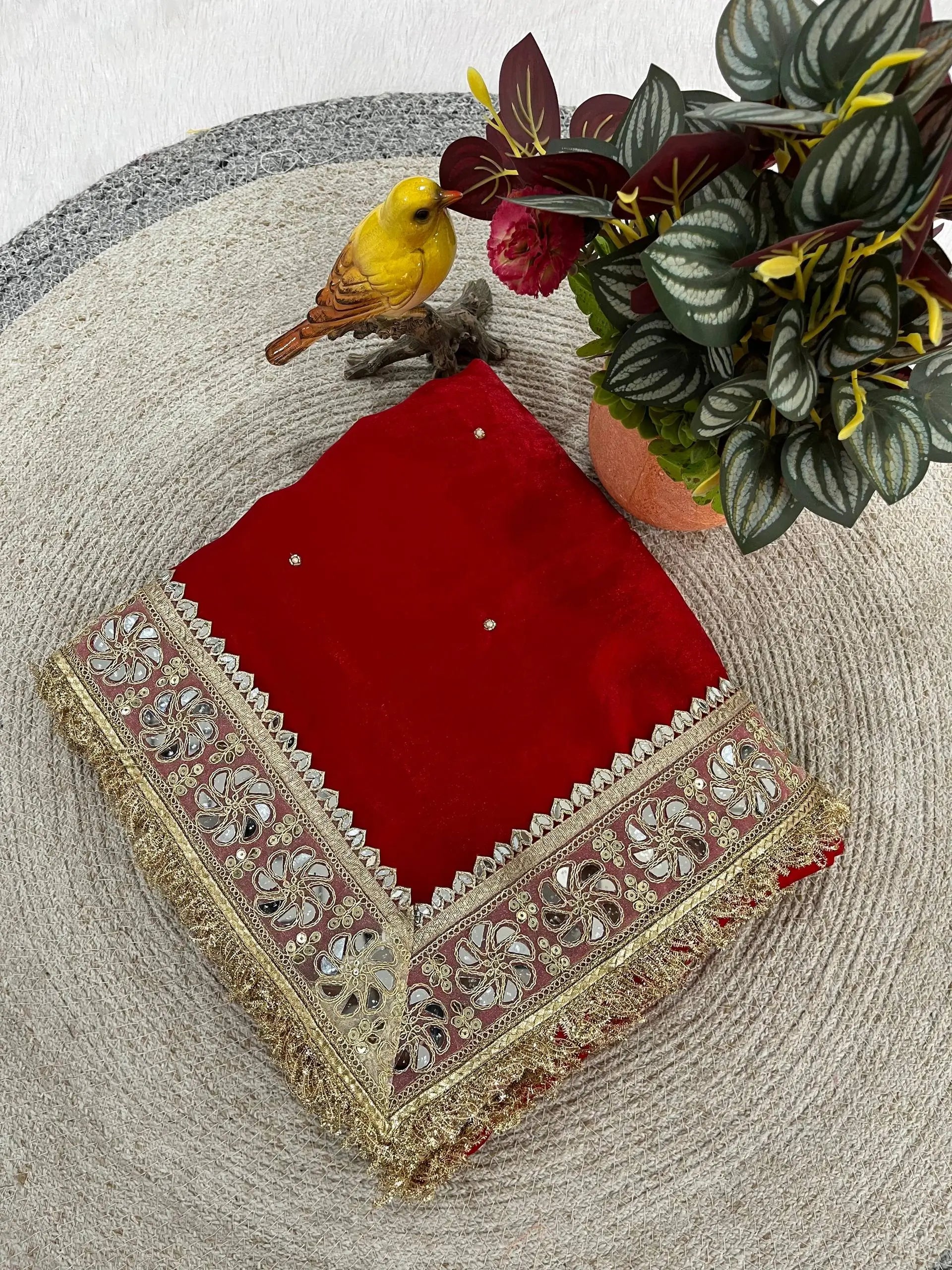 Red & Purple Fandy Satin Silk Designer Saree with Mirror Lace Border for Wedding and Festive Wear