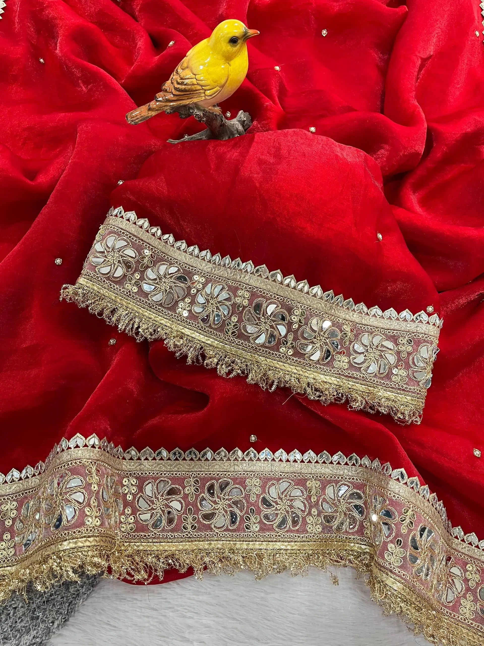 Red & Purple Fandy Satin Silk Designer Saree with Mirror Lace Border for Wedding and Festive Wear