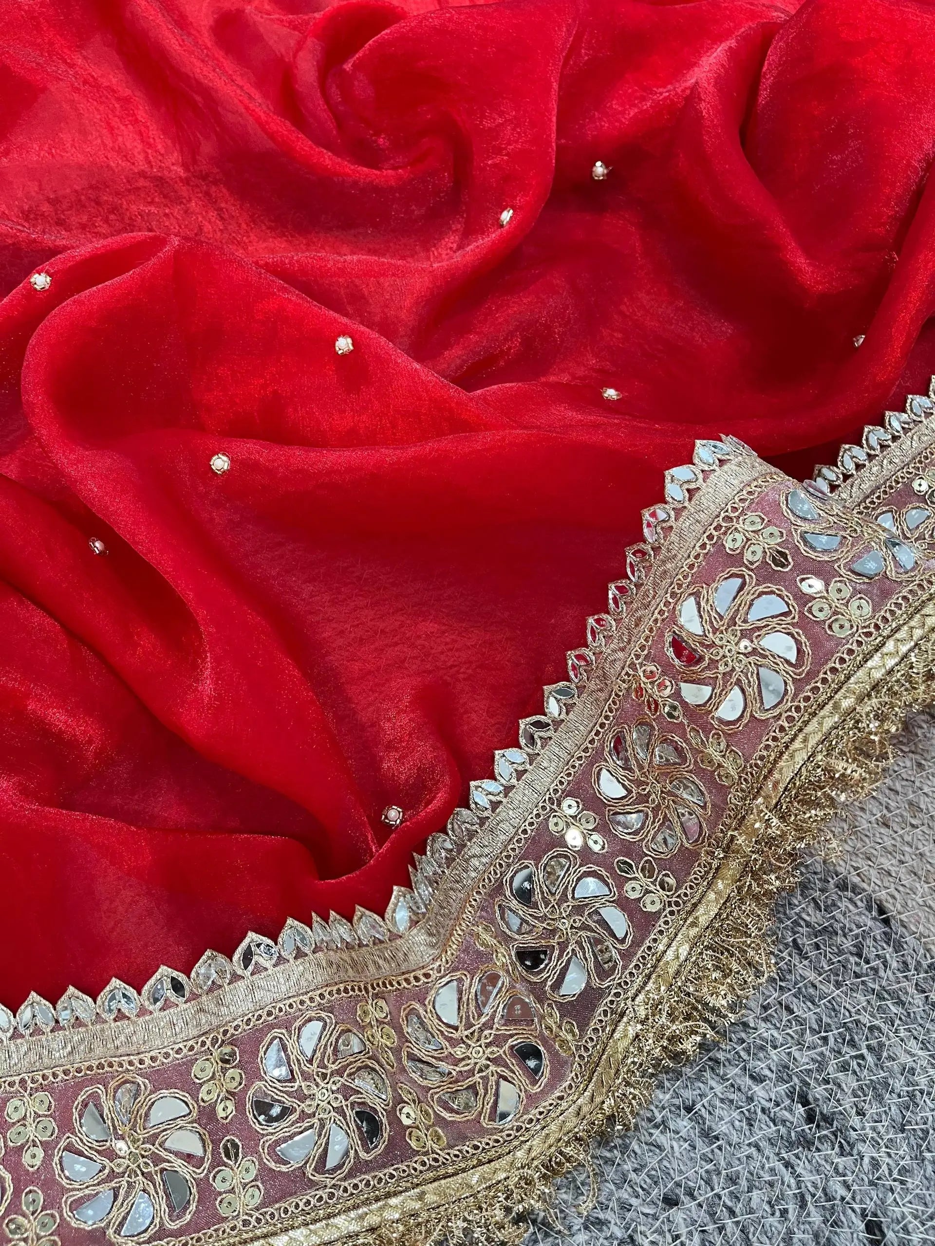 Red & Purple Fandy Satin Silk Designer Saree with Mirror Lace Border for Wedding and Festive Wear