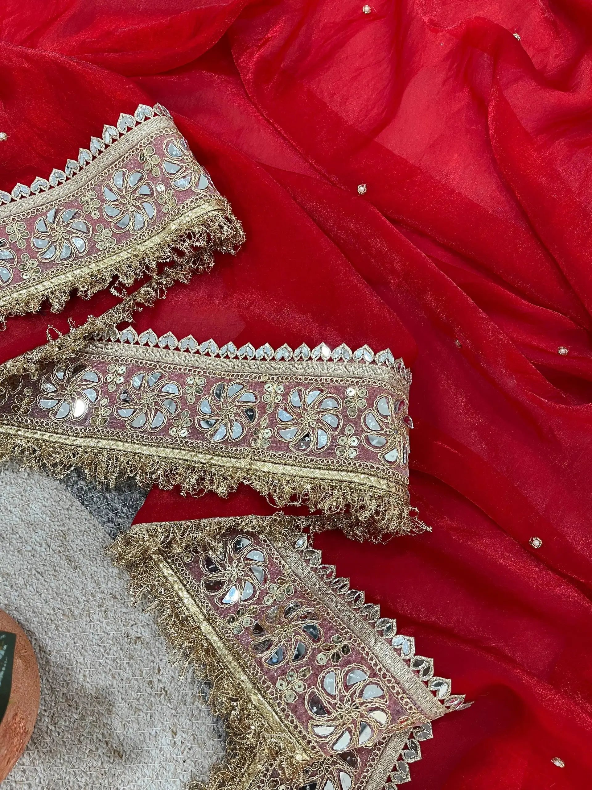 Red & Purple Fandy Satin Silk Designer Saree with Mirror Lace Border for Wedding and Festive Wear