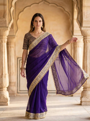 Red & Purple Fandy Satin Silk Designer Saree with Mirror Lace Border for Wedding and Festive Wear