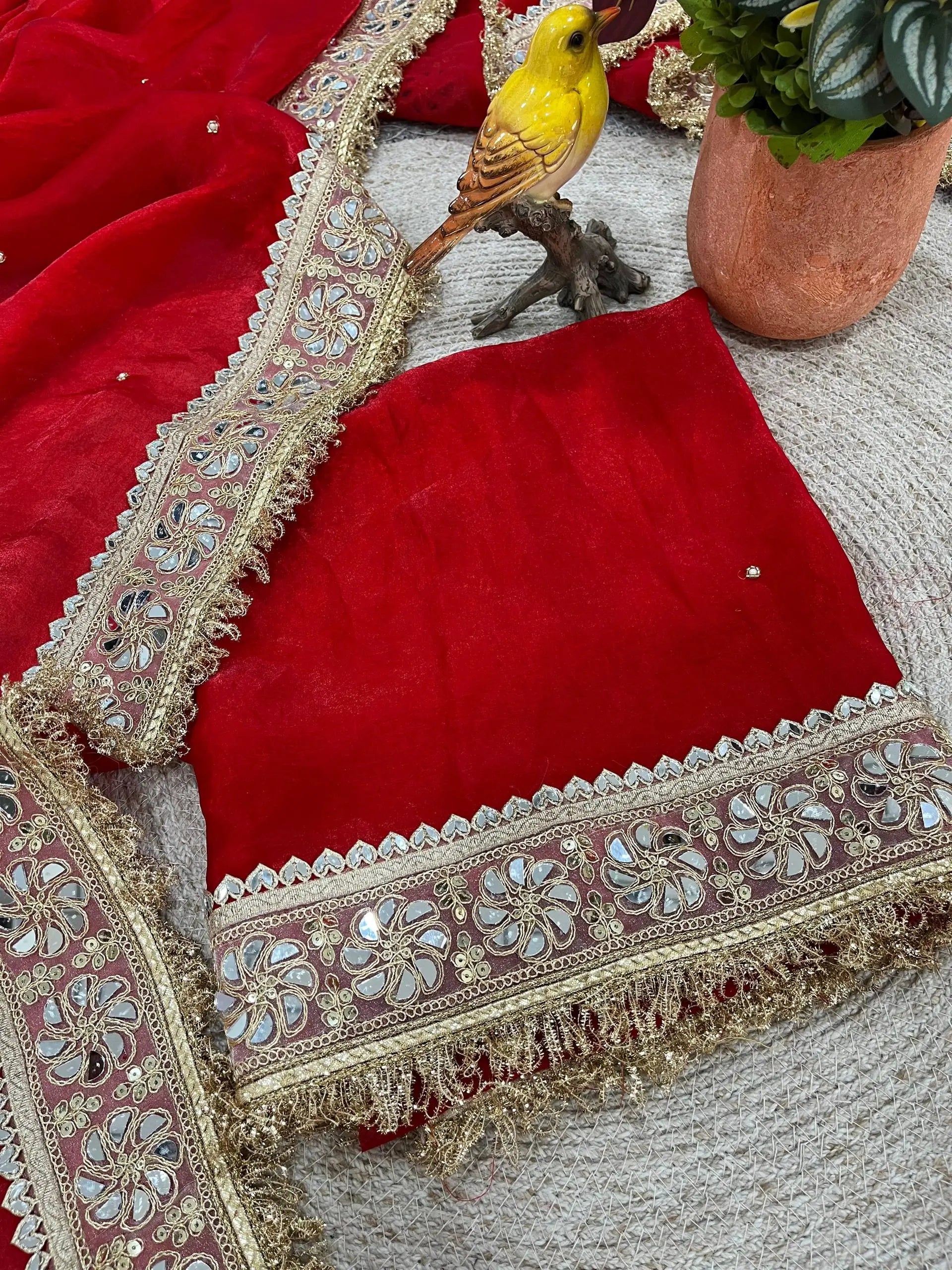 Red & Purple Fandy Satin Silk Designer Saree with Mirror Lace Border for Wedding and Festive Wear