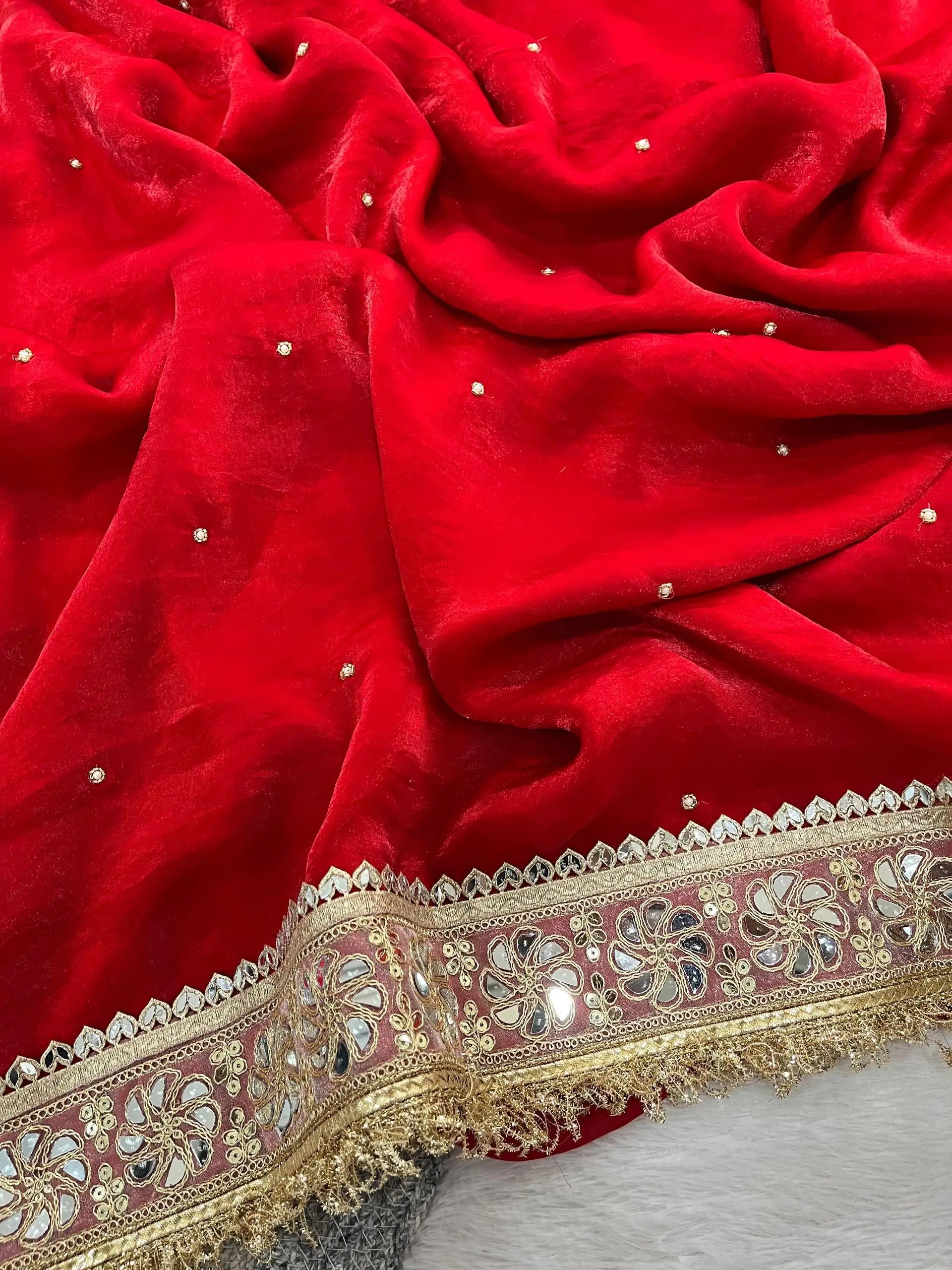 Red & Purple Fandy Satin Silk Designer Saree with Mirror Lace Border for Wedding and Festive Wear