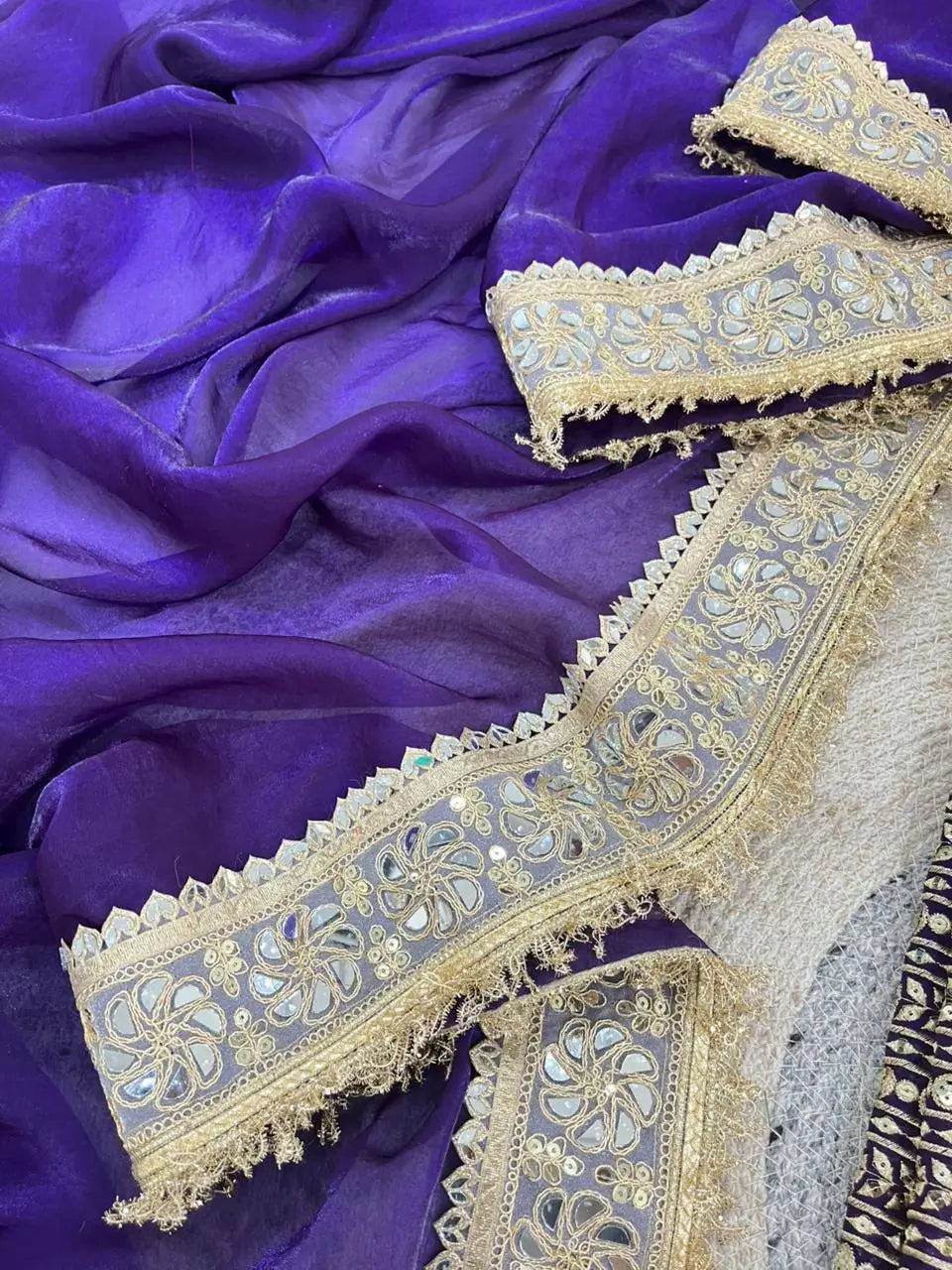 Red & Purple Fandy Satin Silk Designer Saree with Mirror Lace Border for Wedding and Festive Wear