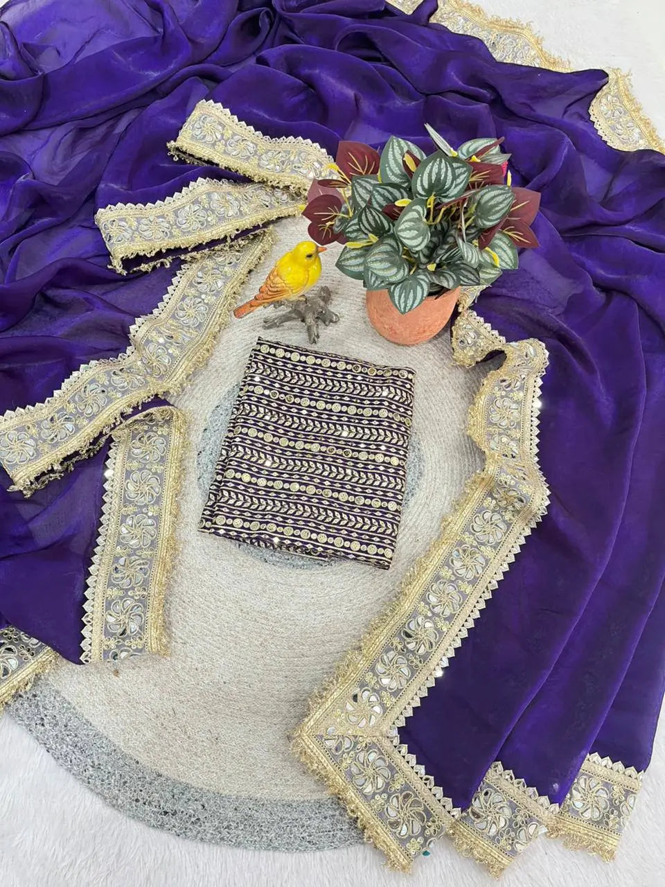 Red & Purple Fandy Satin Silk Designer Saree with Mirror Lace Border for Wedding and Festive Wear