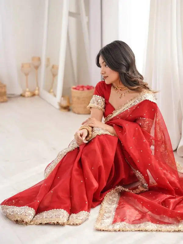 Red & Purple Fandy Satin Silk Designer Saree with Mirror Lace Border for Wedding and Festive Wear