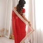 Red & Purple Fandy Satin Silk Designer Saree with Mirror Lace Border for Wedding and Festive Wear