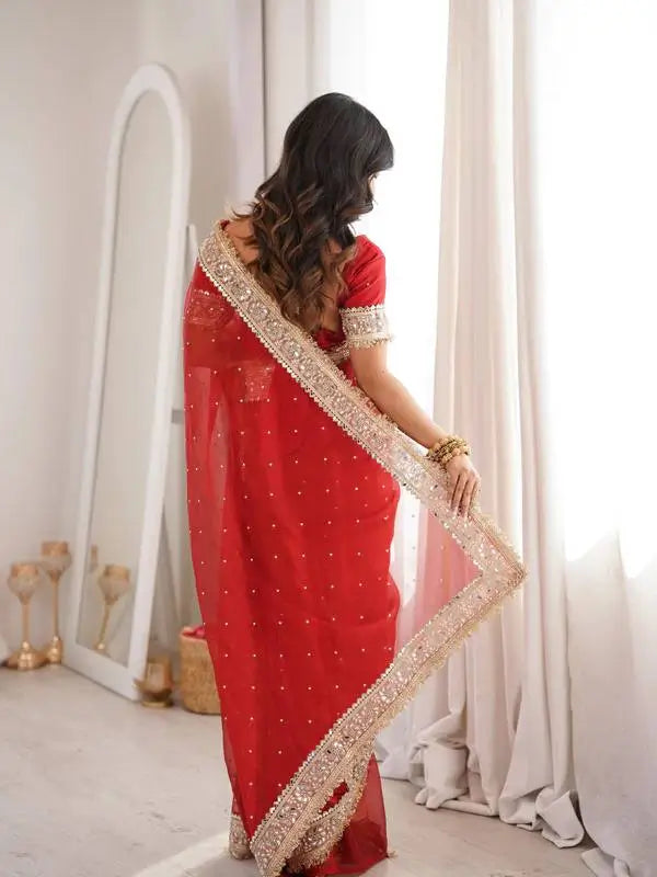 Red & Purple Fandy Satin Silk Designer Saree with Mirror Lace Border for Wedding and Festive Wear