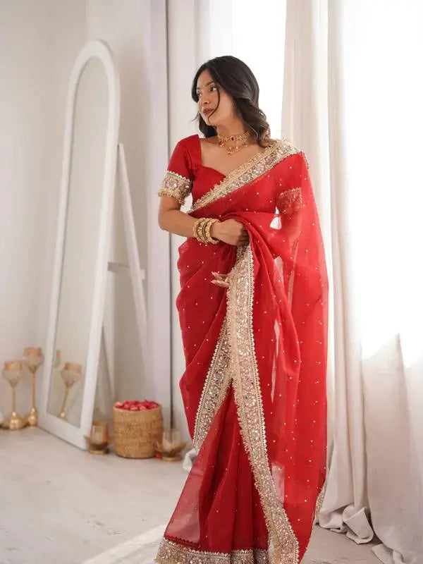 Red & Purple Fandy Satin Silk Designer Saree with Mirror Lace Border for Wedding and Festive Wear
