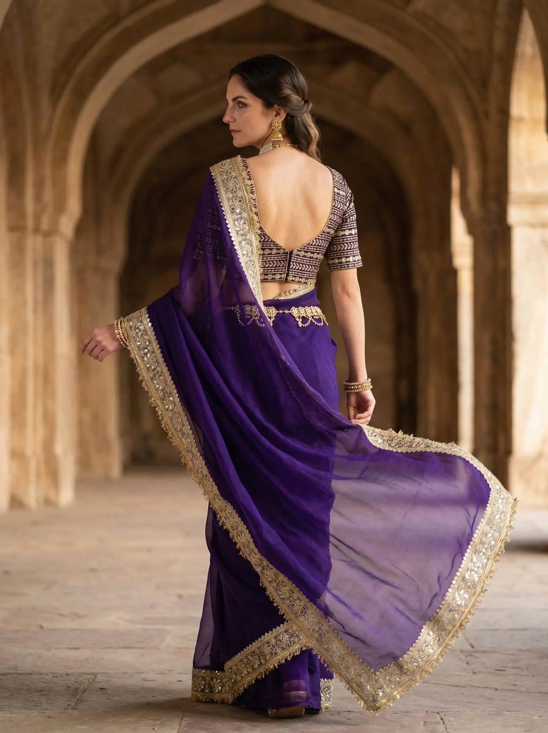 Red & Purple Fandy Satin Silk Designer Saree with Mirror Lace Border for Wedding and Festive Wear