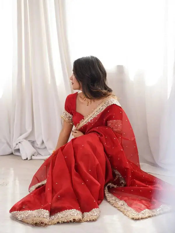 Red & Purple Fandy Satin Silk Designer Saree with Mirror Lace Border for Wedding and Festive Wear