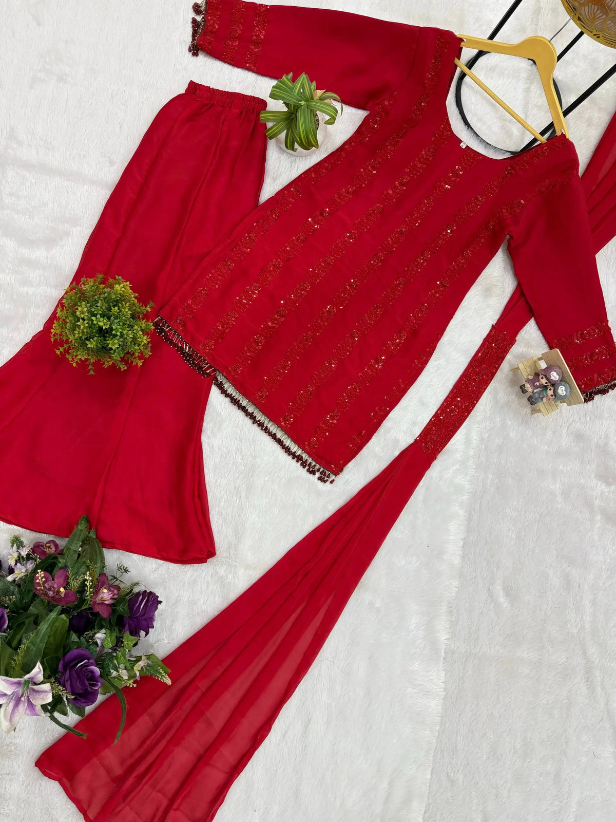 Red Rangoli Silk Embroidered Sharara Set