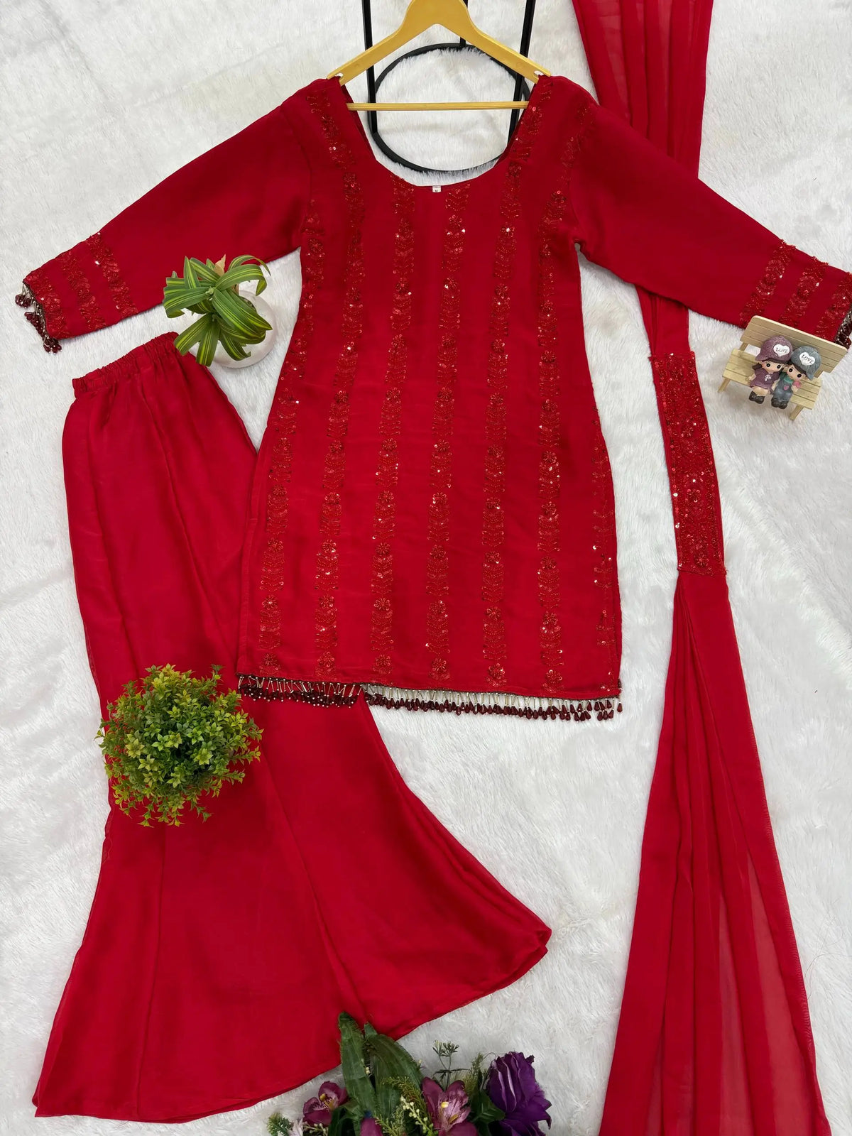 Red Rangoli Silk Embroidered Sharara Set