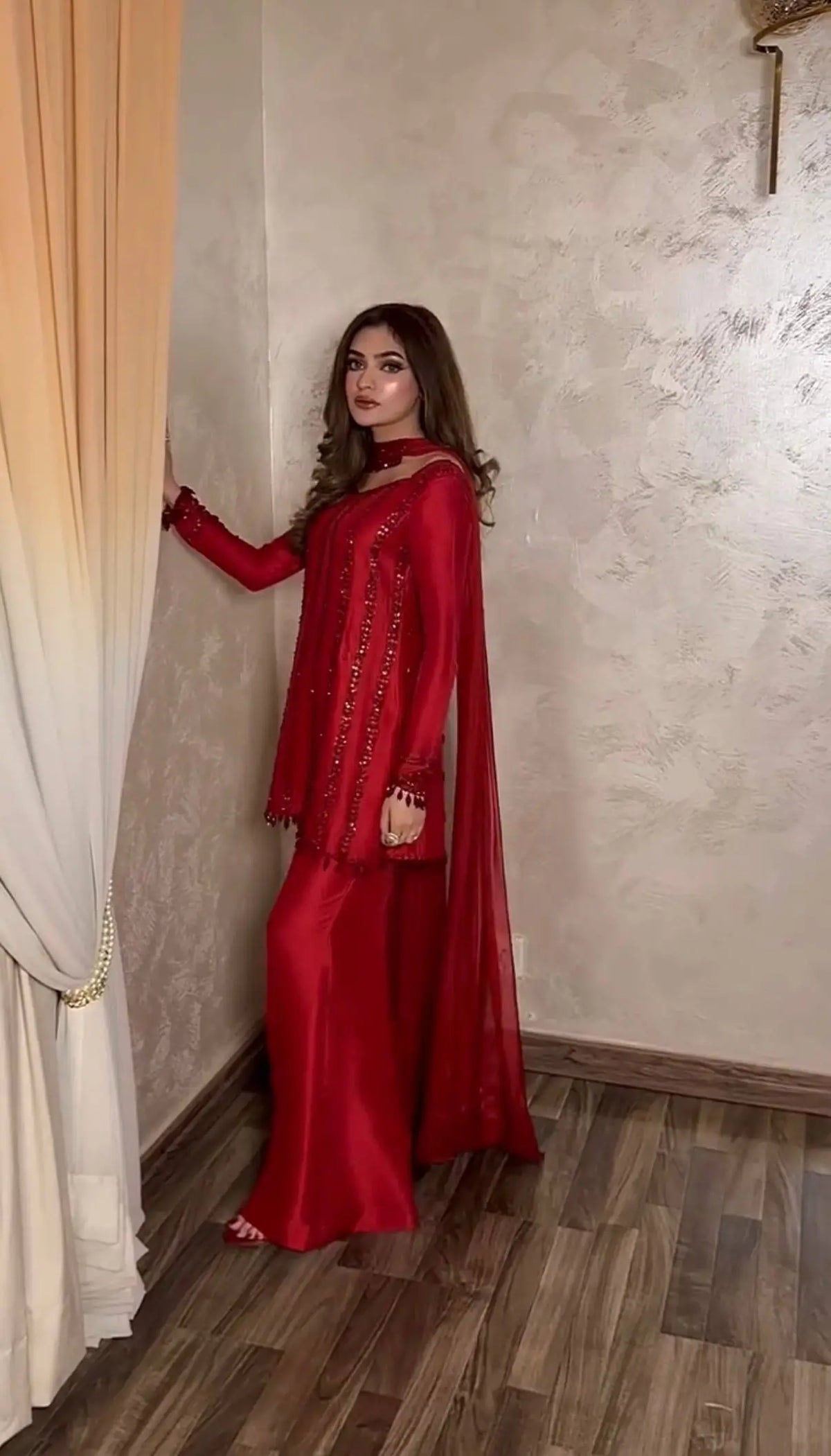 Red Rangoli Silk Embroidered Sharara Set