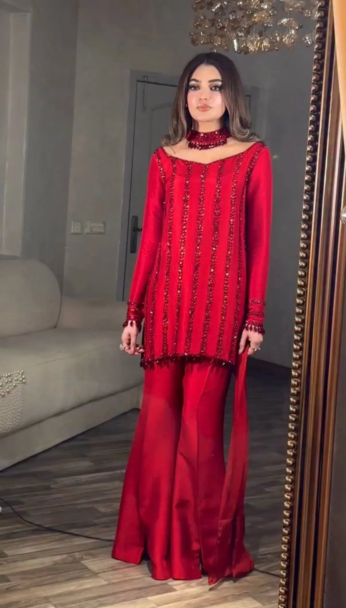 Red Rangoli Silk Embroidered Sharara Set
