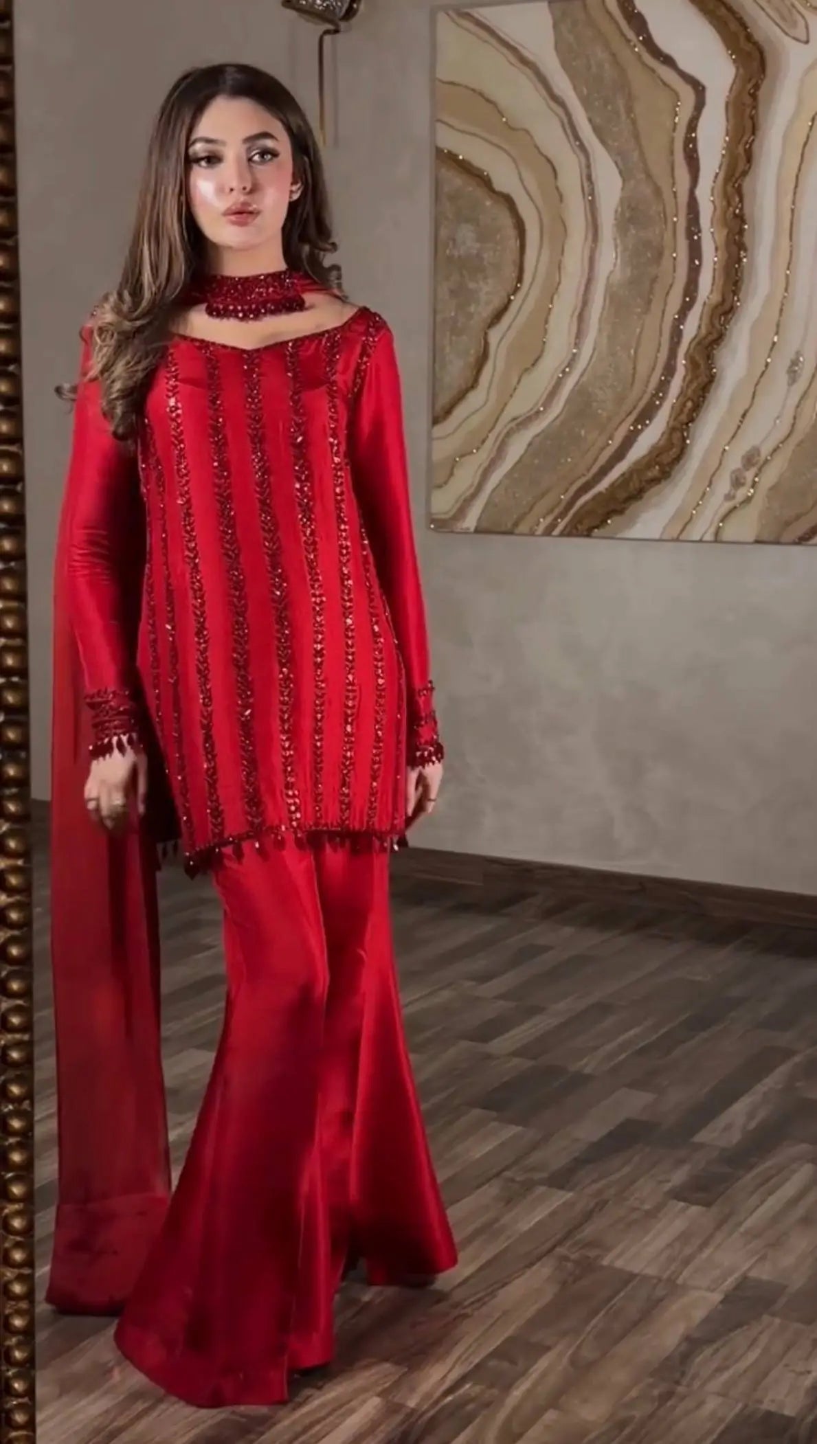 Red Rangoli Silk Embroidered Sharara Set