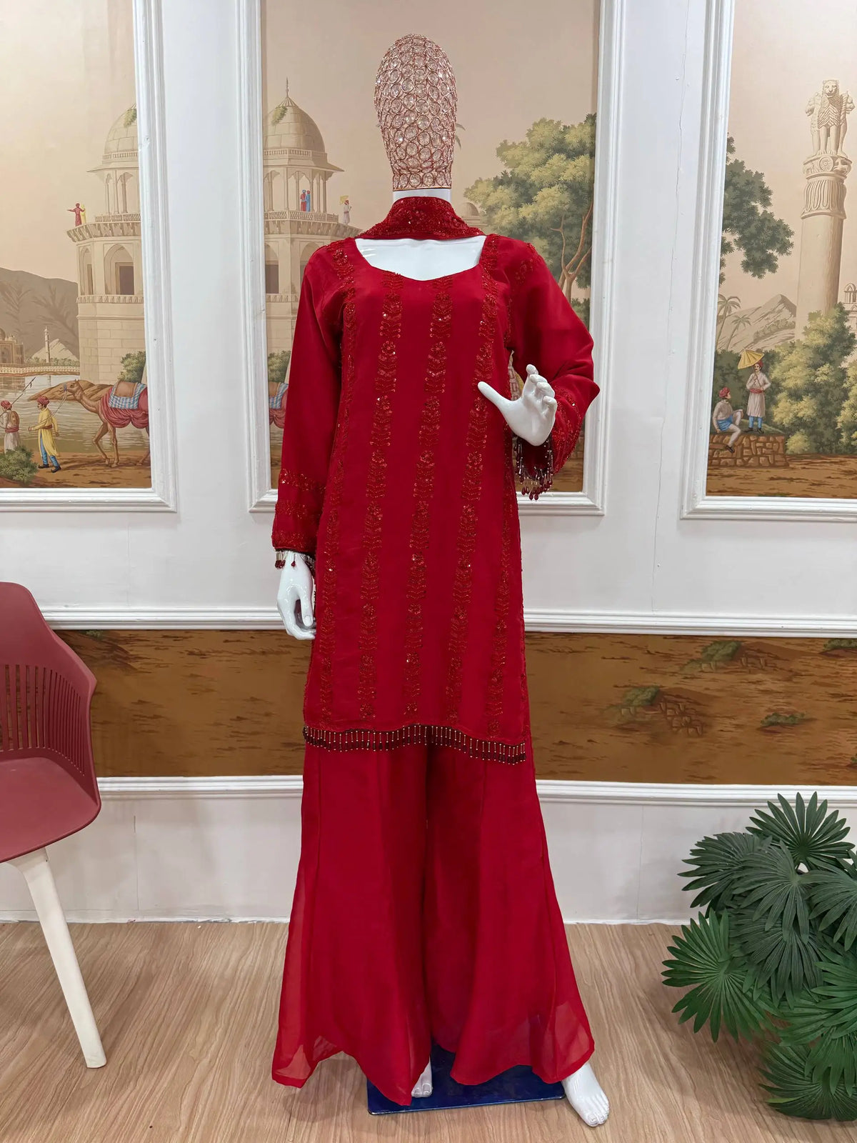 Red Rangoli Silk Embroidered Sharara Set