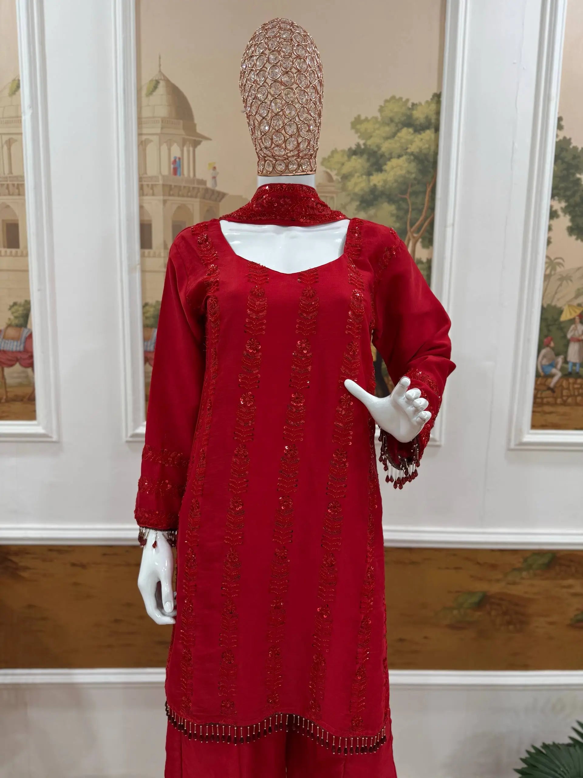 Red Rangoli Silk Embroidered Sharara Set