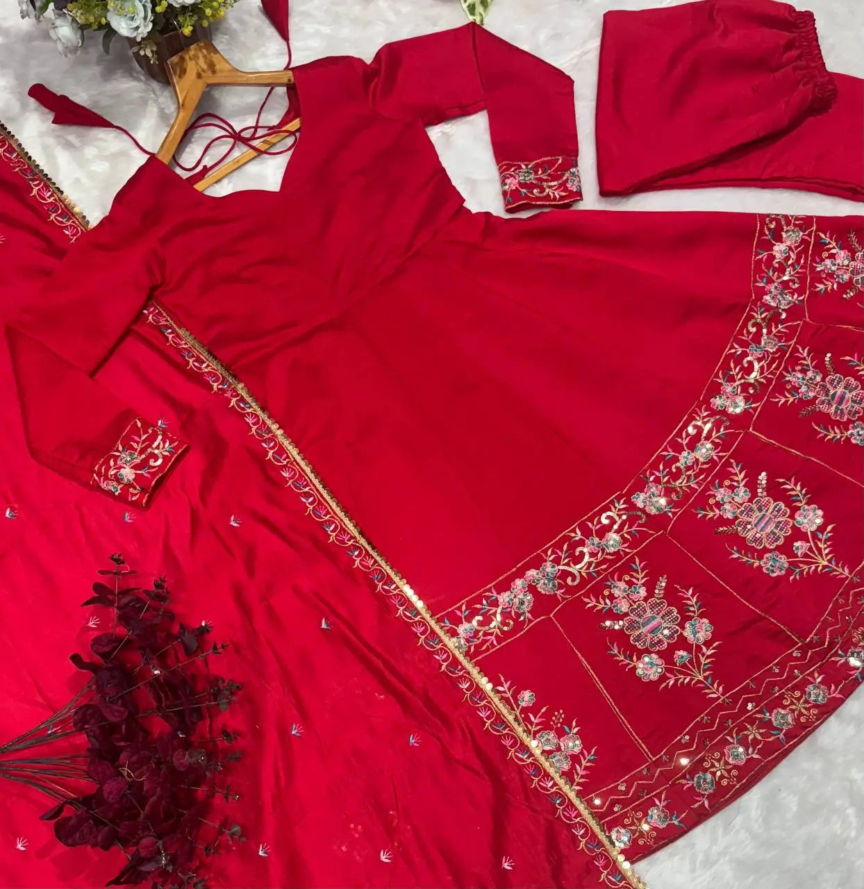 Red Roman Silk Embroidered Anarkali Gown Set with Dupatta