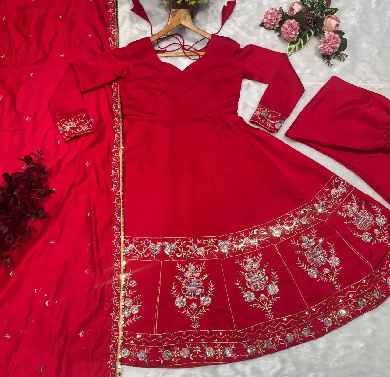 Red Roman Silk Embroidered Anarkali Gown Set with Dupatta