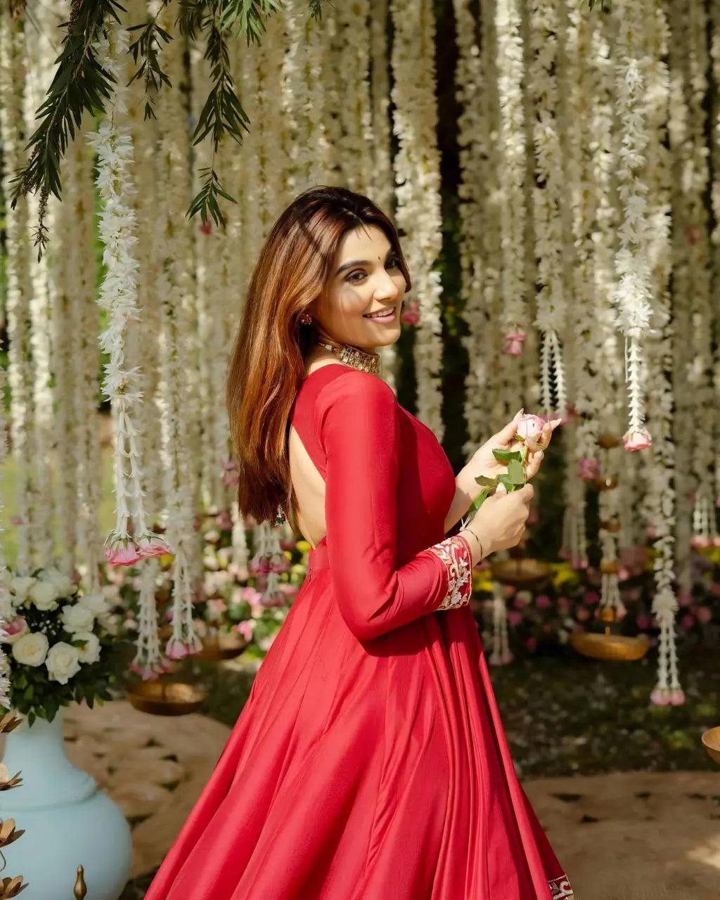 Red Roman Silk Embroidered Anarkali Gown Set with Dupatta