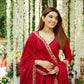 Red Roman Silk Embroidered Anarkali Gown Set with Dupatta