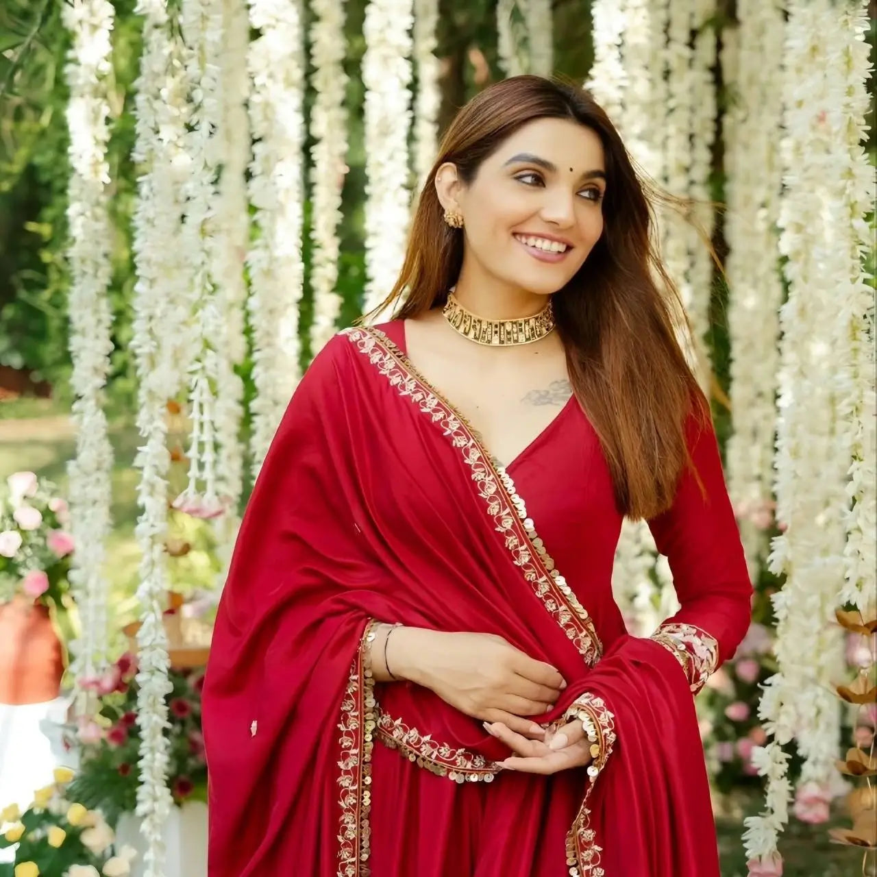 Red Roman Silk Embroidered Anarkali Gown Set with Dupatta