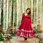 Red Roman Silk Embroidered Anarkali Gown Set with Dupatta