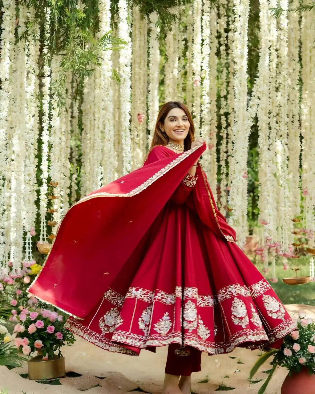 Red Roman Silk Embroidered Anarkali Gown Set with Dupatta