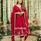 Red Roman Silk Embroidered Anarkali Gown Set with Dupatta