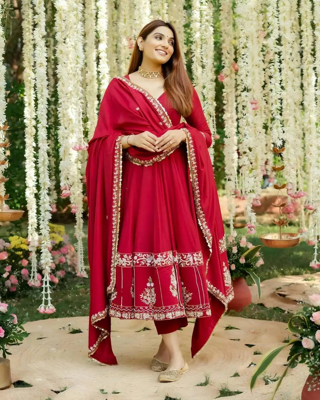 Red Roman Silk Embroidered Anarkali Gown Set with Dupatta