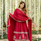 Red Roman Silk Embroidered Anarkali Gown Set with Dupatta