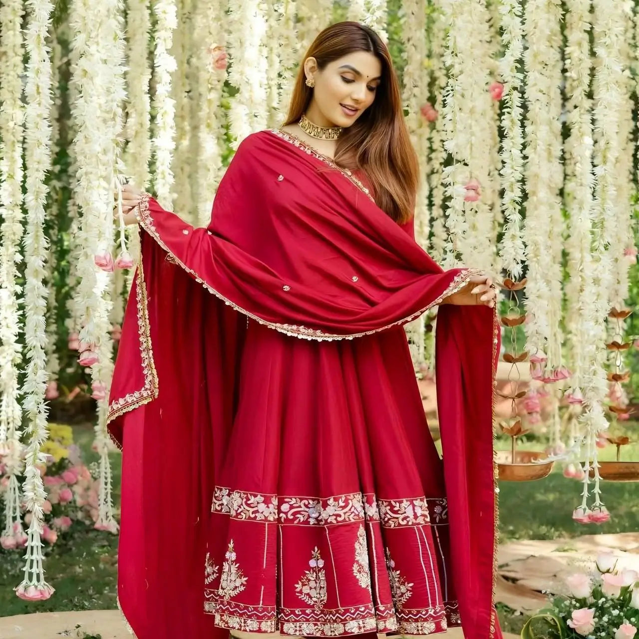 Red Roman Silk Embroidered Anarkali Gown Set with Dupatta