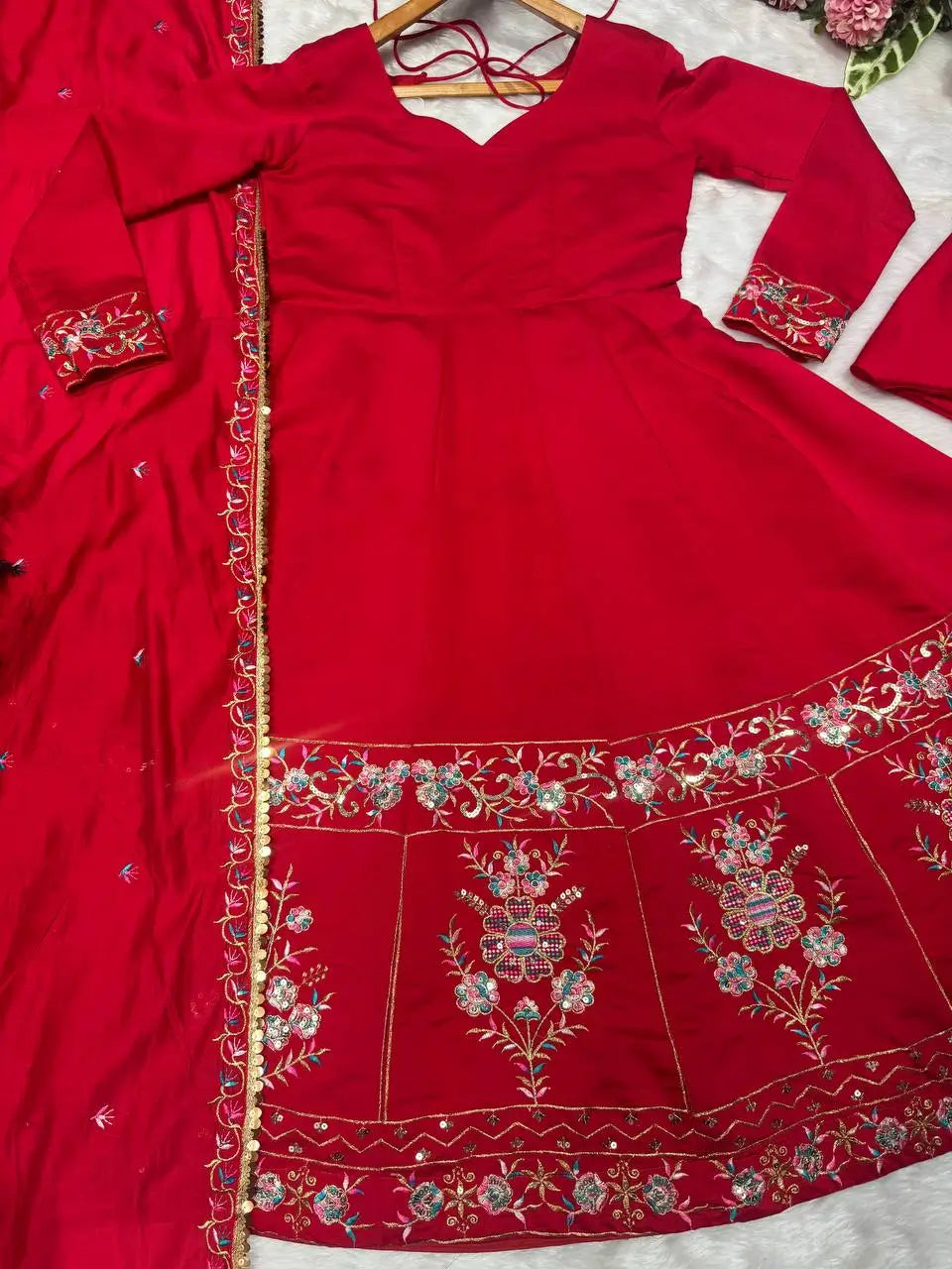 Red Roman Silk Embroidered Anarkali Gown Set with Dupatta