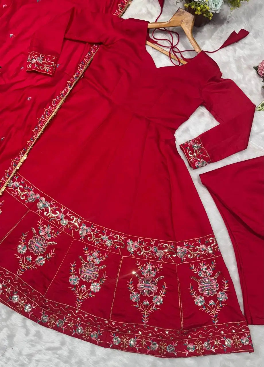 Red Roman Silk Embroidered Anarkali Gown Set with Dupatta