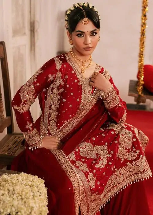 Red Roman Silk Kurta Palazzo Set with Dupatta