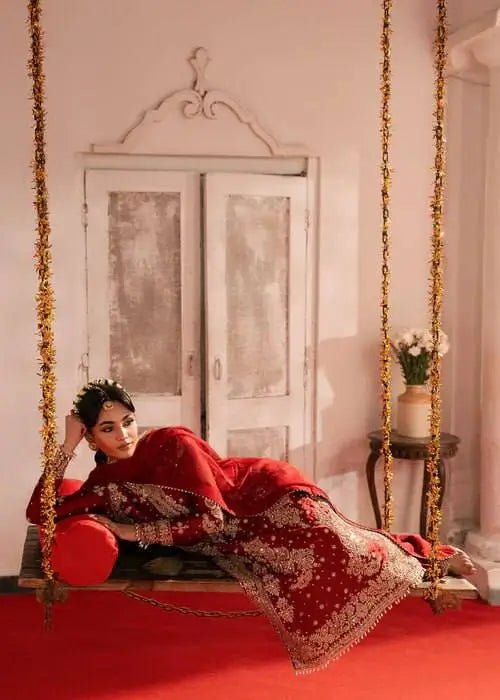 Red Roman Silk Kurta Palazzo Set with Dupatta