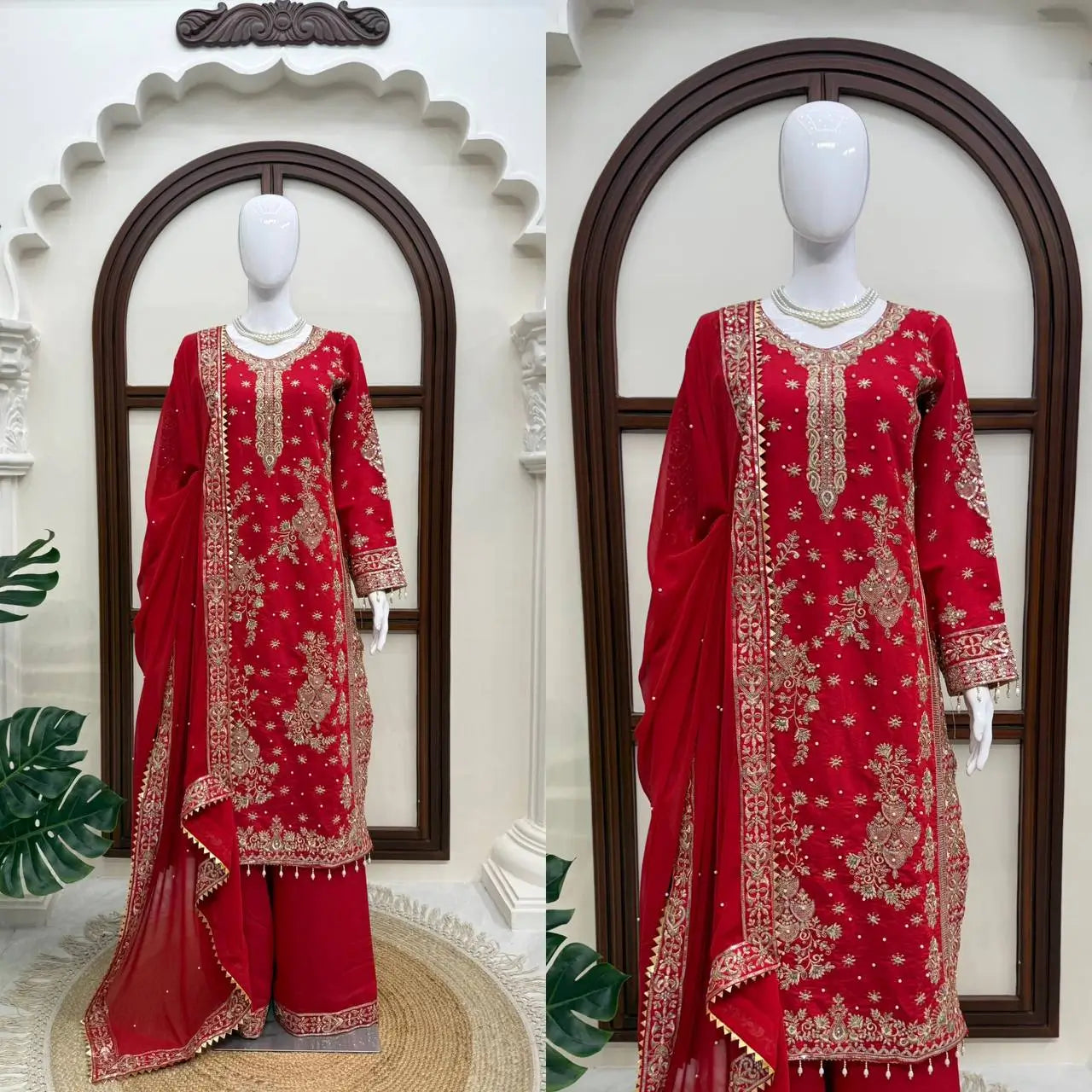 Red Roman Silk Kurta Palazzo Set with Dupatta