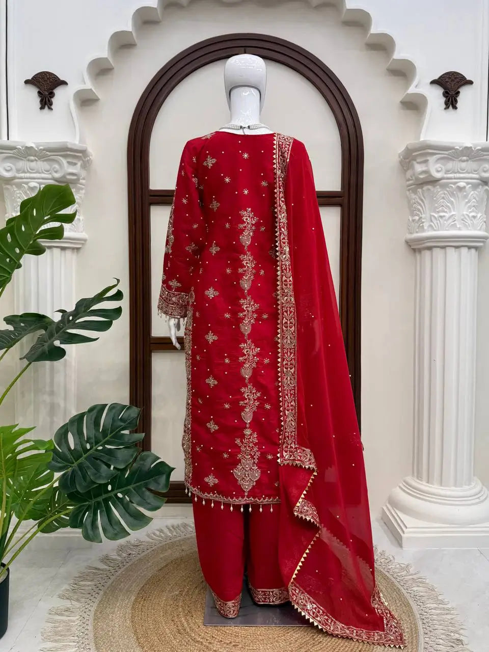 Red Roman Silk Kurta Palazzo Set with Dupatta