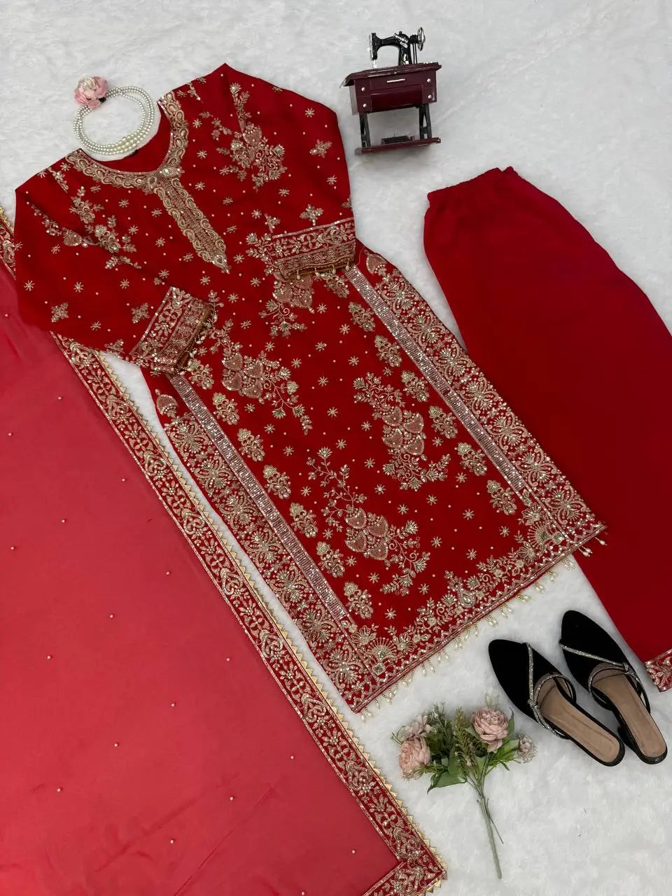 Red Roman Silk Kurta Palazzo Set with Dupatta