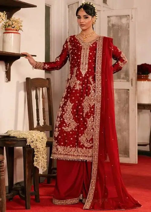 Red Roman Silk Kurta Palazzo Set with Dupatta