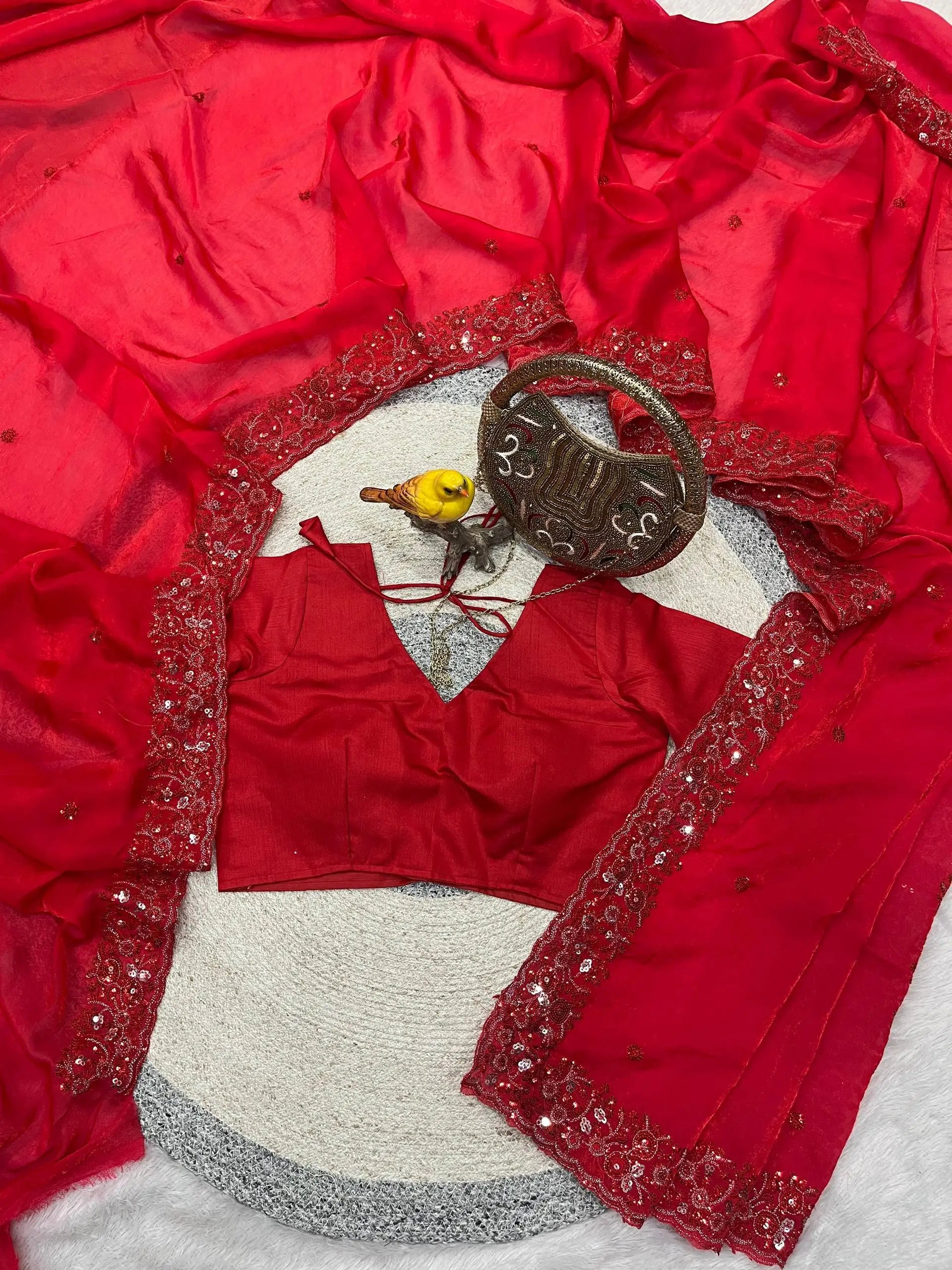 Red Satin Silk Embroidered Designer Saree with Blouse