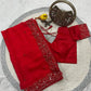 Red Satin Silk Embroidered Designer Saree with Blouse