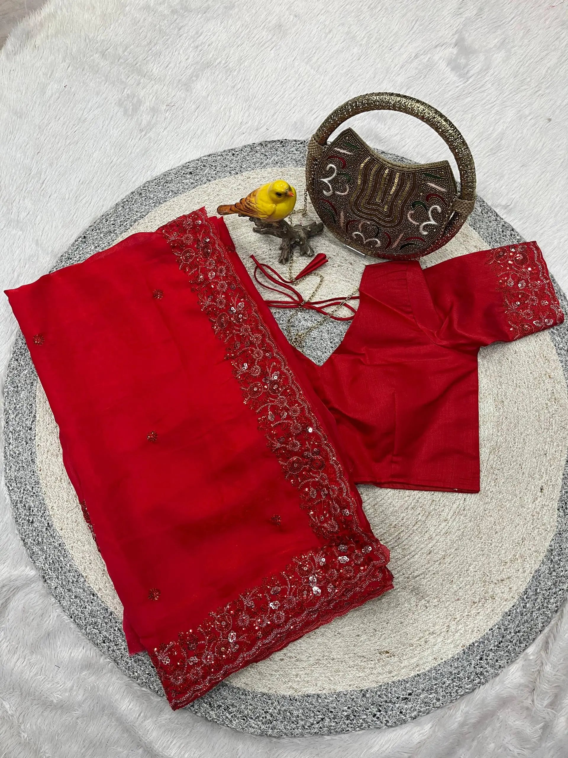 Red Satin Silk Embroidered Designer Saree with Blouse