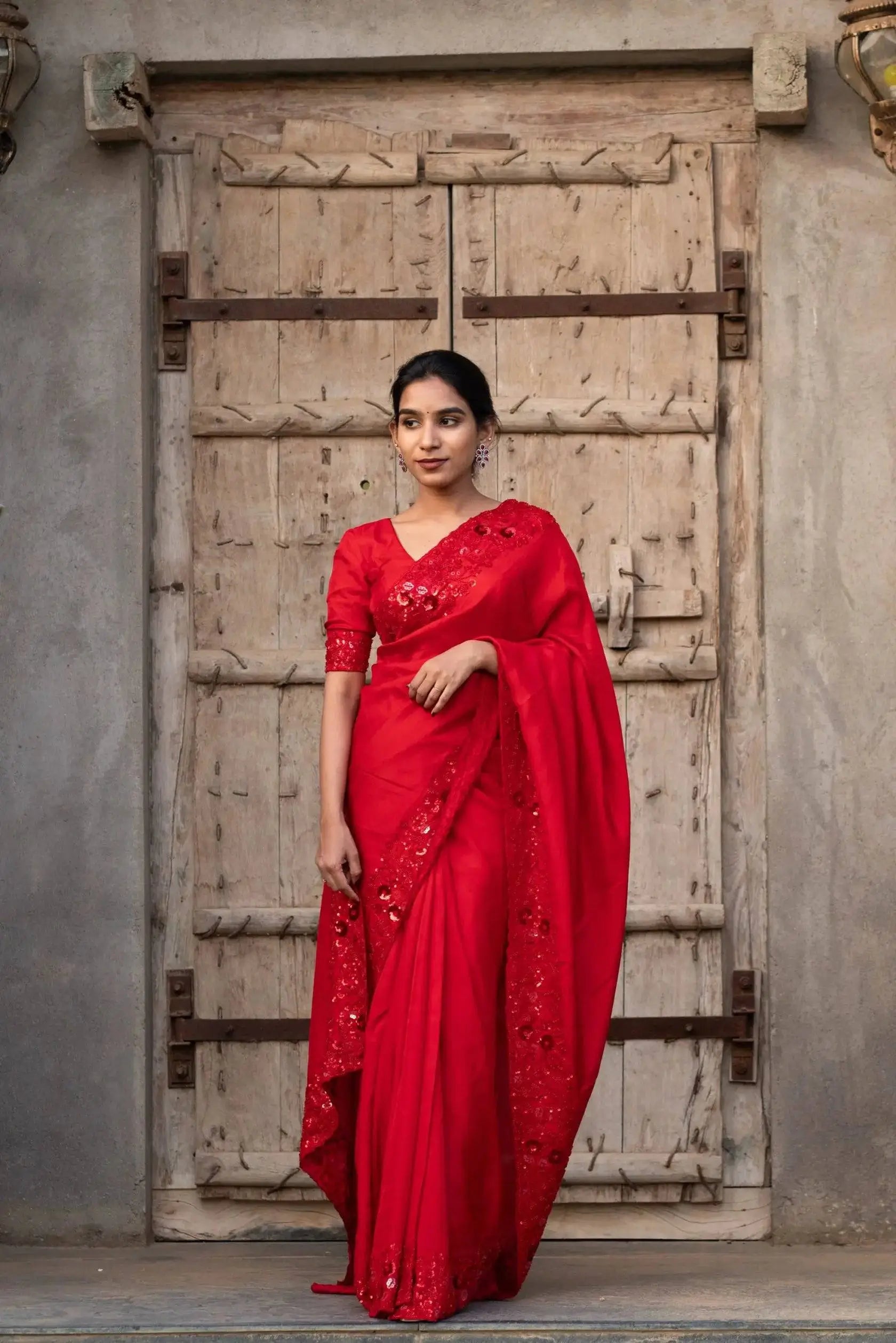 Red Satin Silk Embroidered Designer Saree with Blouse
