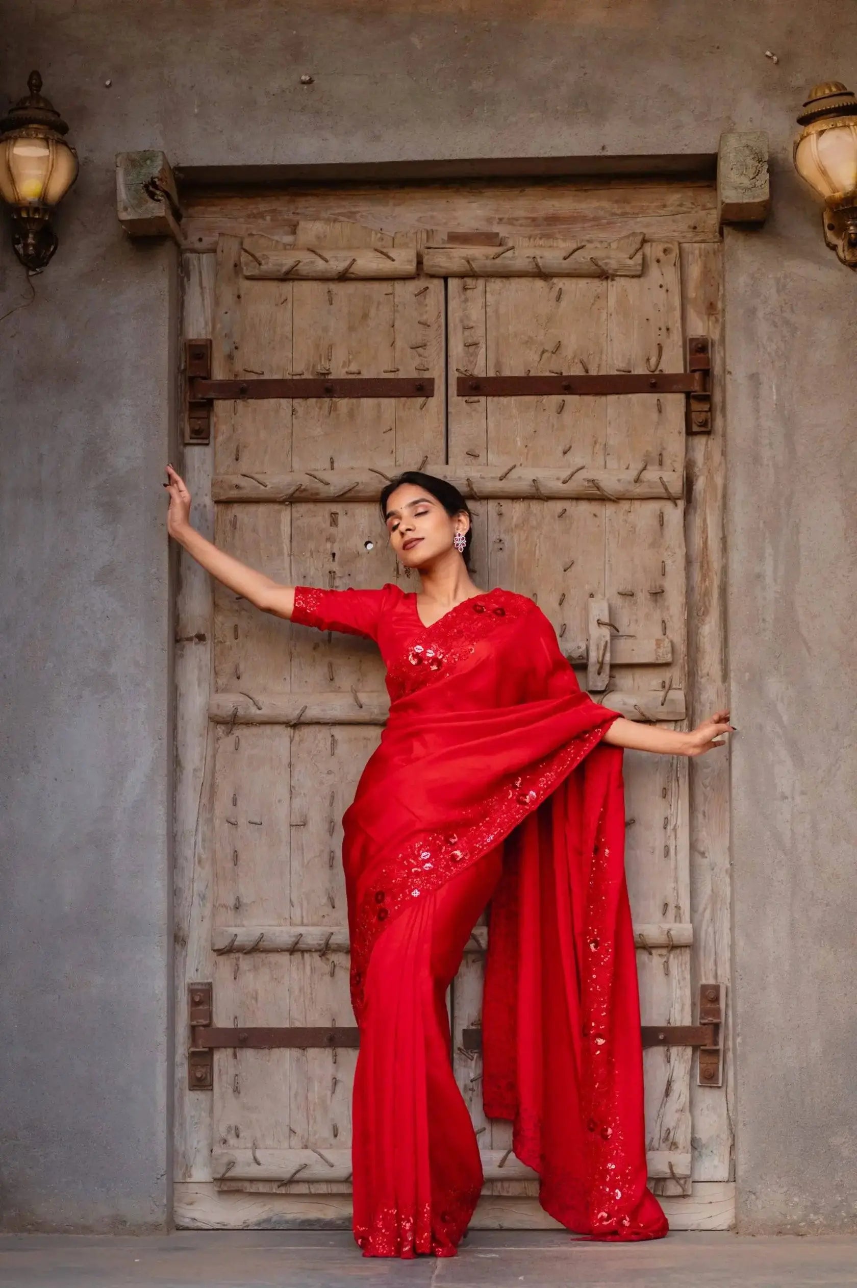Red Satin Silk Embroidered Designer Saree with Blouse