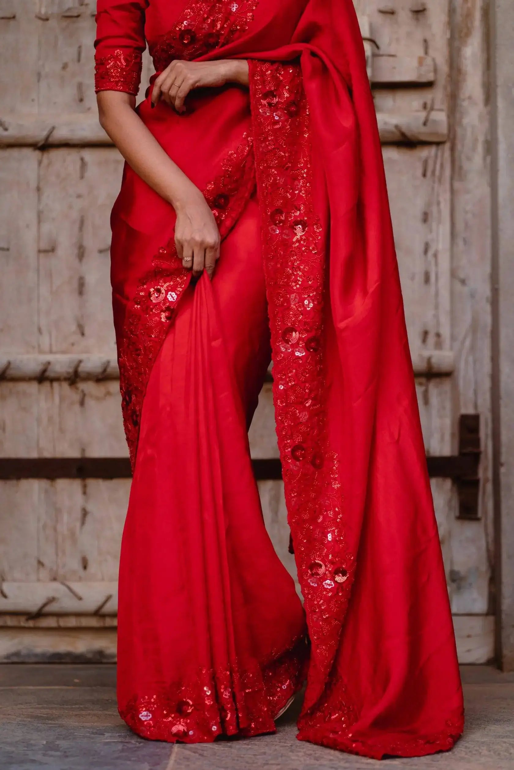 Red Satin Silk Embroidered Designer Saree with Blouse