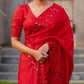 Red Satin Silk Embroidered Designer Saree with Blouse