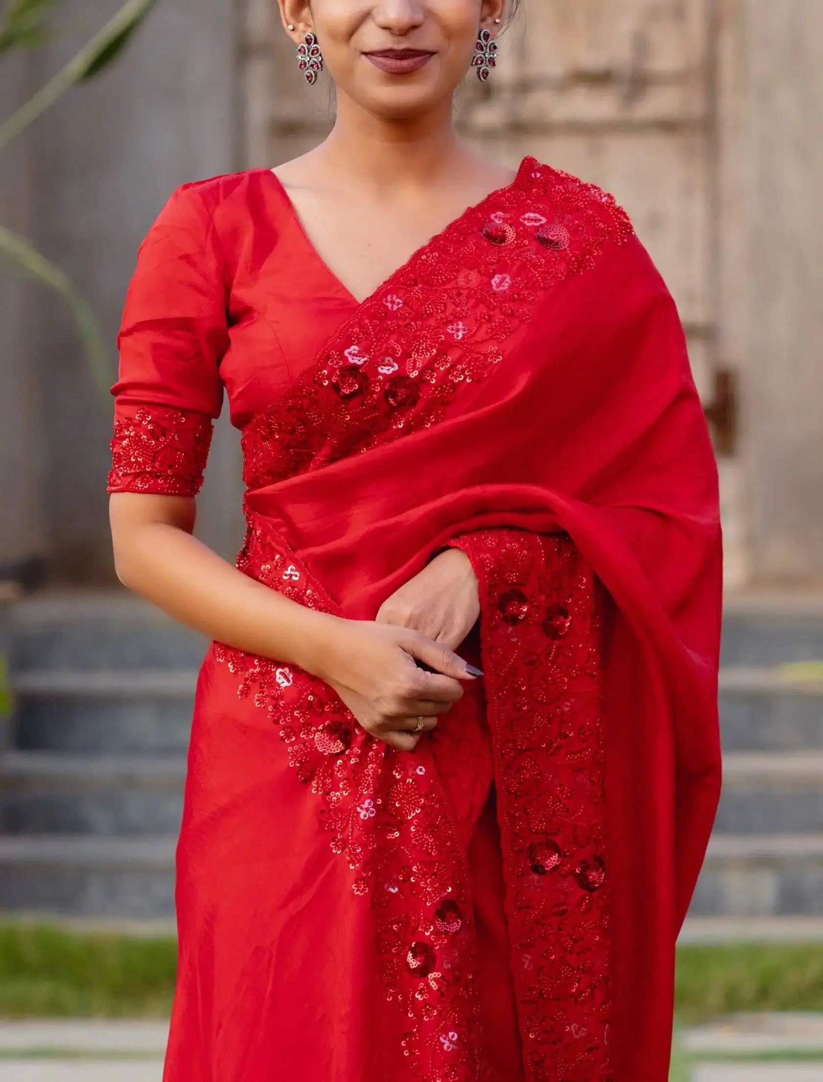 Red Satin Silk Embroidered Designer Saree with Blouse