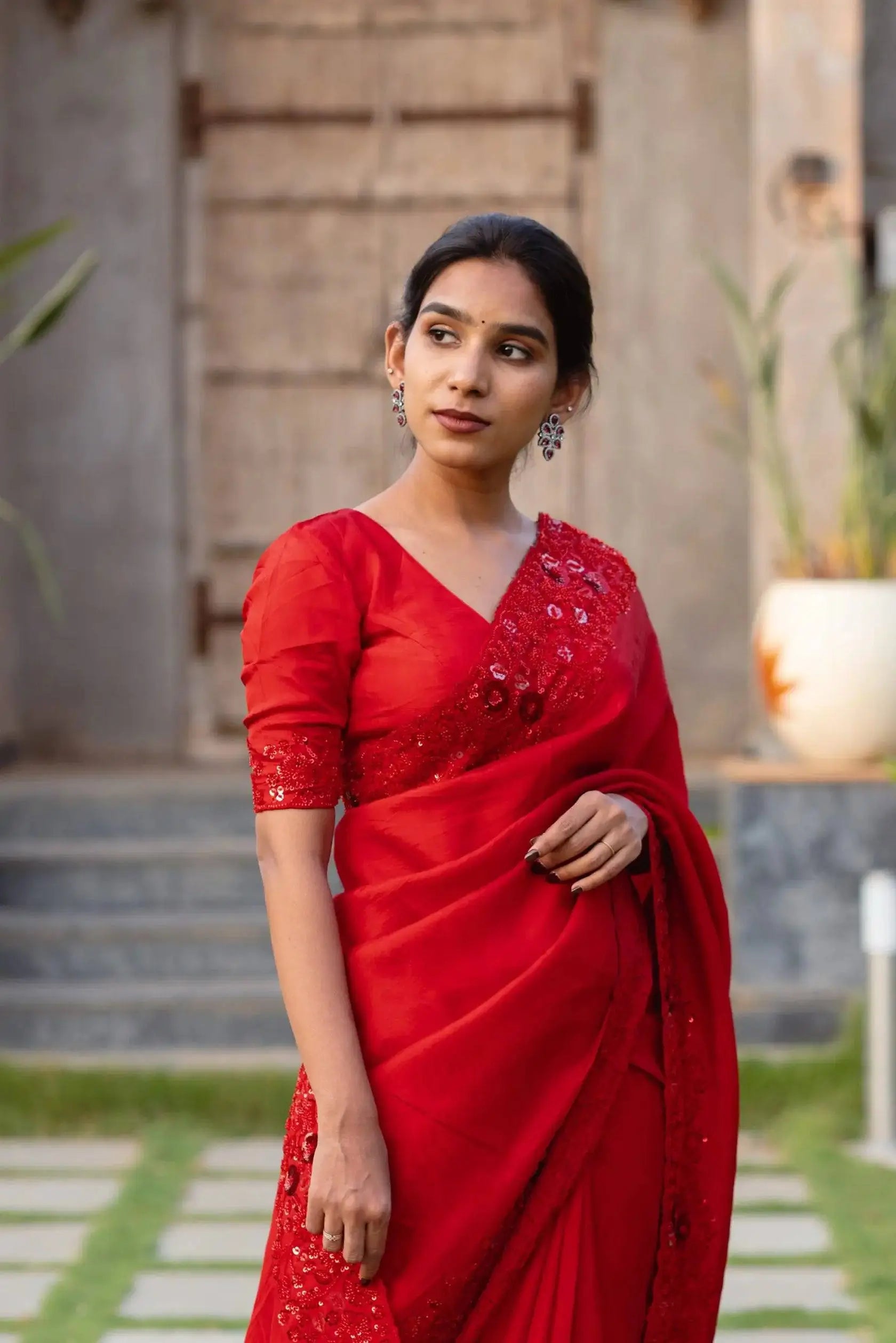 Red Satin Silk Embroidered Designer Saree with Blouse